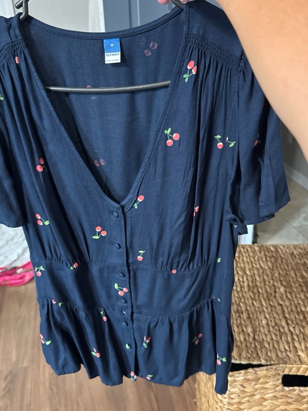 Old Navy Navy Cherry Button-Front Peplum Blouse